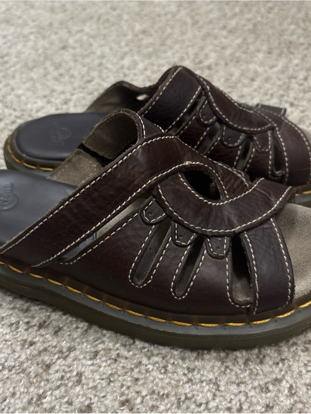 Dr. Martens Vintage Dark Brown Leather Slide Sandals with Yellow Stitching
